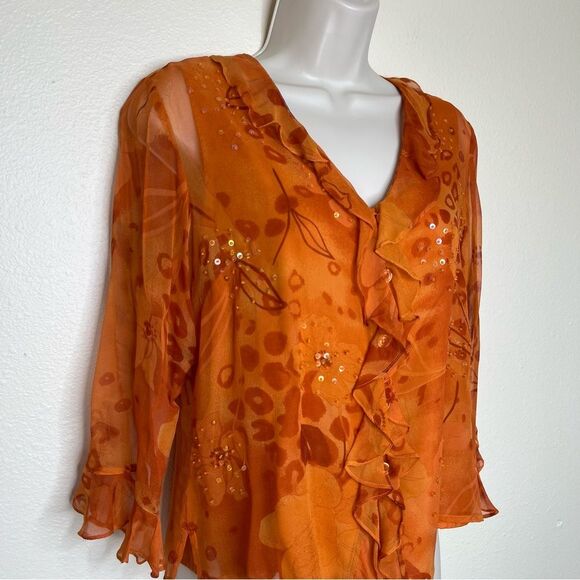 New York City Design Co Silk Floral Ruffle Sequin Pumpkin Top Women Size Small - Picture 2 of 11